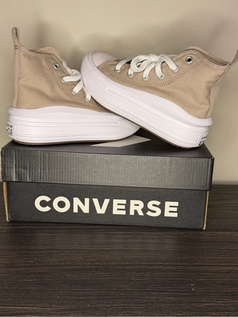 Converse Kids Platform High Top Canvas Sneakers in Beige and White
